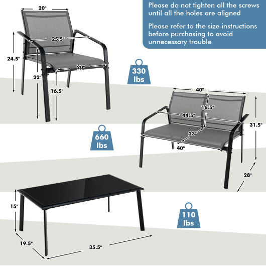 4 Pieces Patio Furniture Set with Armrest Loveseat Sofas and Glass Table Deck-Gray LuxuryLifeWay Online Store
