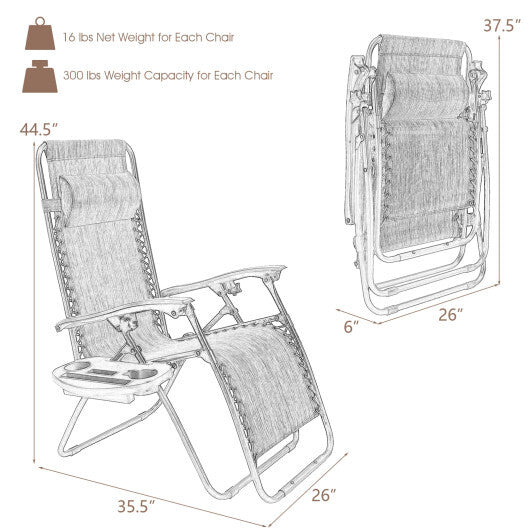 2 Pieces Folding Lounge Chair with Zero Gravity-Brown - Color: Brown LuxuryLifeWay Online Store