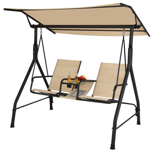 2-Seat Outdoor Cushioned Porch Swing with Adjustable Canopy and Tempered Glass Table-Beige LuxuryLifeWay Online Store