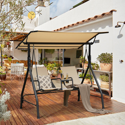 2-Seat Outdoor Cushioned Porch Swing with Adjustable Canopy and Tempered Glass Table-Beige LuxuryLifeWay Online Store