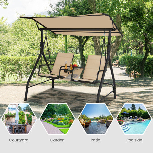 2-Seat Outdoor Cushioned Porch Swing with Adjustable Canopy and Tempered Glass Table-Beige LuxuryLifeWay Online Store