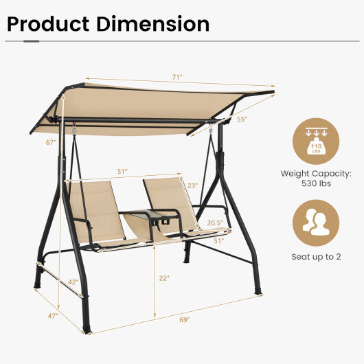 2-Seat Outdoor Cushioned Porch Swing with Adjustable Canopy and Tempered Glass Table-Beige LuxuryLifeWay Online Store