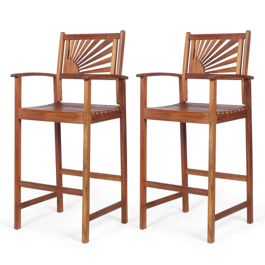 2 Pieces Outdoor Acacia Wood Bar Chairs with Sunflower Backrest and Armrests LuxuryLifeWay Online Store