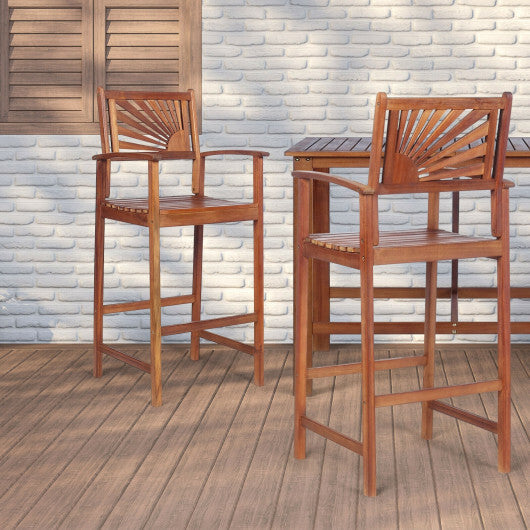 2 Pieces Outdoor Acacia Wood Bar Chairs with Sunflower Backrest and Armrests LuxuryLifeWay Online Store