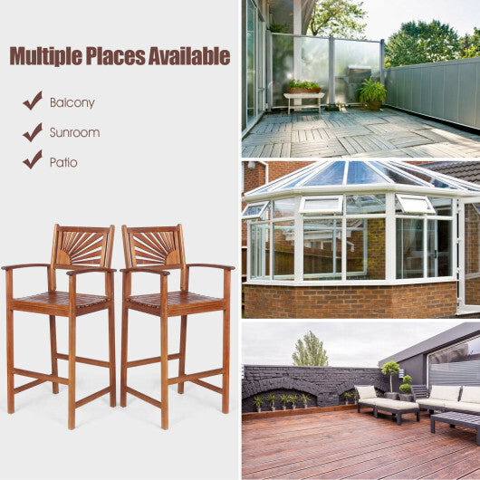 2 Pieces Outdoor Acacia Wood Bar Chairs with Sunflower Backrest and Armrests LuxuryLifeWay Online Store