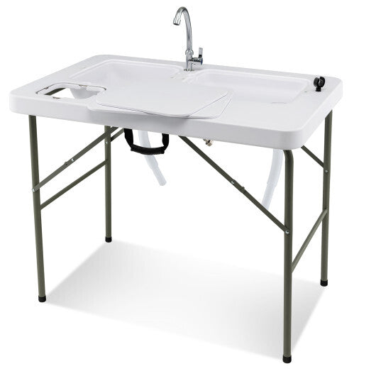 Fish Cleaning Table with 2 Sinks and 360? Rotatable Fauce-White