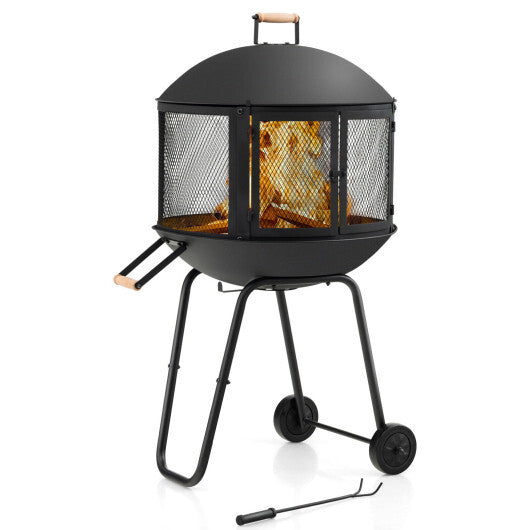 28 Inch Portable Fire Pit on Wheels with Log Grate-Black LuxuryLifeWay Online Store