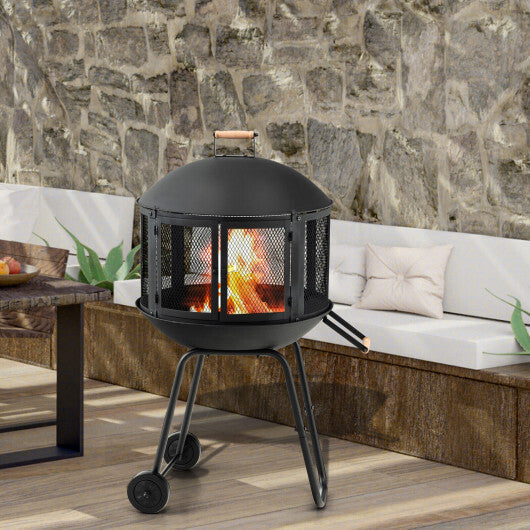 28 Inch Portable Fire Pit on Wheels with Log Grate-Black LuxuryLifeWay Online Store