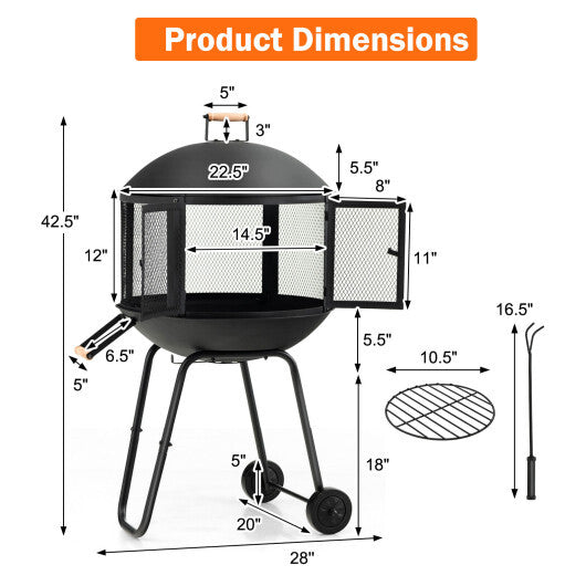 28 Inch Portable Fire Pit on Wheels with Log Grate-Black LuxuryLifeWay Online Store