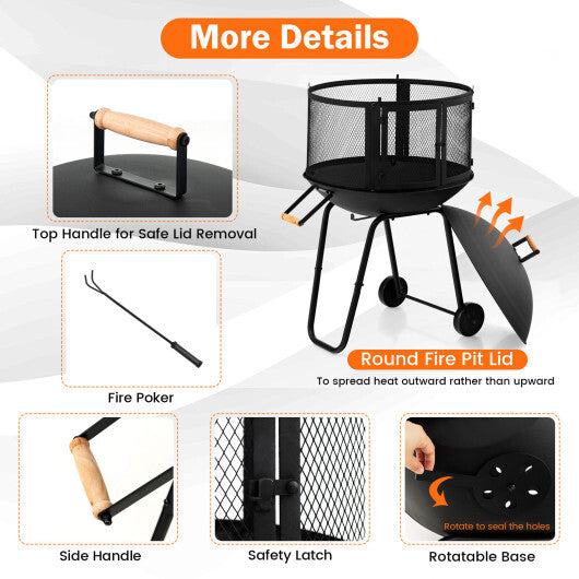 28 Inch Portable Fire Pit on Wheels with Log Grate-Black LuxuryLifeWay Online Store