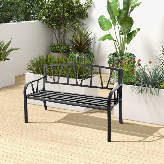Patio Garden Bench with Metal Frame and Slatted Seat-Black LuxuryLifeWay Online Store