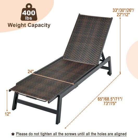 Patio PE Rattan Chaise Lounge with 5-Level Backrest and Wheels-Brown LuxuryLifeWay Online Store