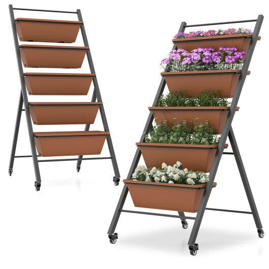5-Tier Vertical Raised Garden Bed with Wheels and Container Boxes-Brown LuxuryLifeWay Online Store