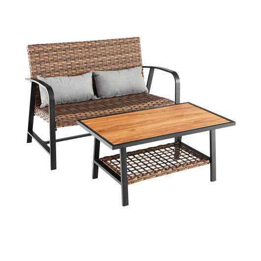 2 Pieces Patio Rattan Coffee Table Set with Shelf and Quick Dry Cushion LuxuryLifeWay Online Store