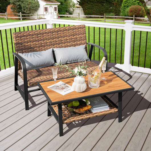 2 Pieces Patio Rattan Coffee Table Set with Shelf and Quick Dry Cushion LuxuryLifeWay Online Store