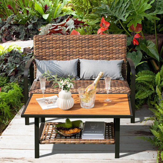 2 Pieces Patio Rattan Coffee Table Set with Shelf and Quick Dry Cushion LuxuryLifeWay Online Store