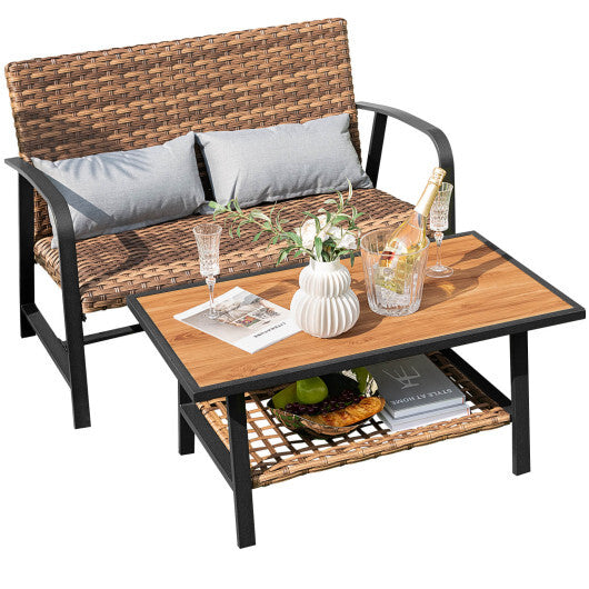 2 Pieces Patio Rattan Coffee Table Set with Shelf and Quick Dry Cushion LuxuryLifeWay Online Store