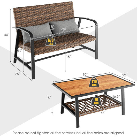 2 Pieces Patio Rattan Coffee Table Set with Shelf and Quick Dry Cushion LuxuryLifeWay Online Store