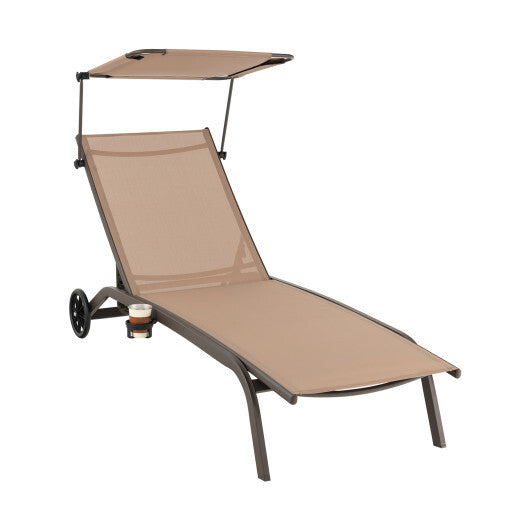 Patio Heavy-Duty Adjustable Chaise Lounge Chair with Canopy Cup holder and Wheels-Brown LuxuryLifeWay Online Store