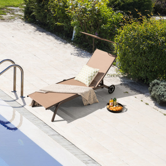 Patio Heavy-Duty Adjustable Chaise Lounge Chair with Canopy Cup holder and Wheels-Brown LuxuryLifeWay Online Store