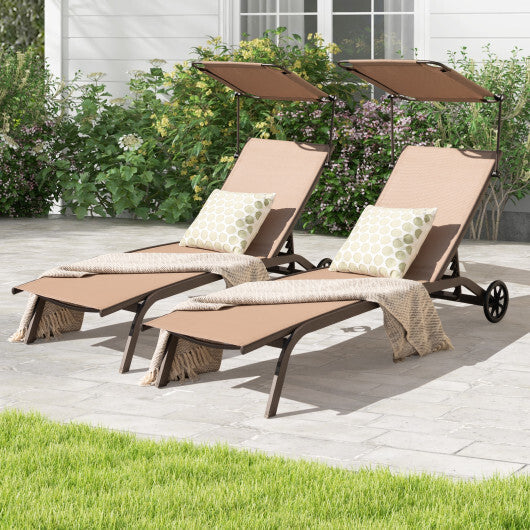 Patio Heavy-Duty Adjustable Chaise Lounge Chair with Canopy Cup holder and Wheels-Brown LuxuryLifeWay Online Store