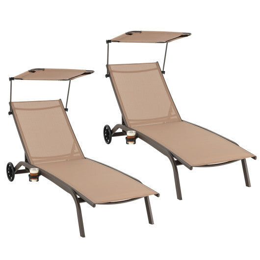 Patio Heavy-Duty Adjustable Chaise Lounge Chair with Canopy Cup holder and Wheels-Brown LuxuryLifeWay Online Store
