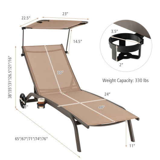 Patio Heavy-Duty Adjustable Chaise Lounge Chair with Canopy Cup holder and Wheels-Brown LuxuryLifeWay Online Store