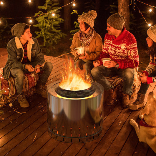 Smokeless Stainless Steel Fire Pit with Ash Pan for Yard Camping-Silver