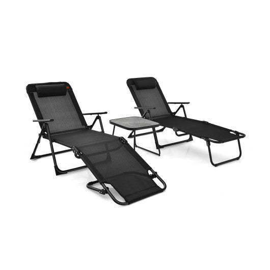 3 Pieces Patio Folding Chaise Lounge Set with PVC Tabletop-Black LuxuryLifeWay Online Store