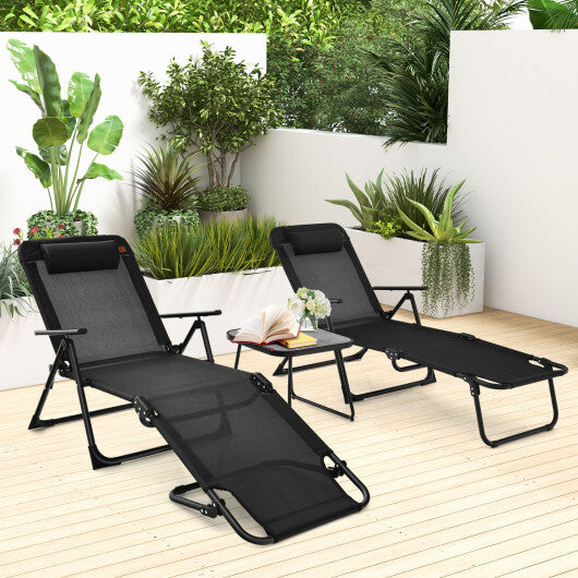 3 Pieces Patio Folding Chaise Lounge Set with PVC Tabletop-Black LuxuryLifeWay Online Store