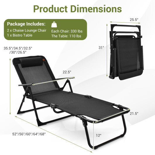 3 Pieces Patio Folding Chaise Lounge Set with PVC Tabletop-Black LuxuryLifeWay Online Store