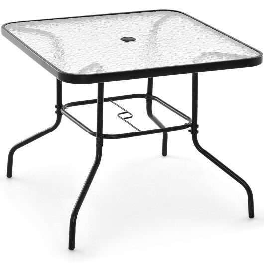34 Inch Outdoor Dining Table Square Tempered Glass Table with 1.5 Inch Umbrella Hole-Black LuxuryLifeWay Online Store
