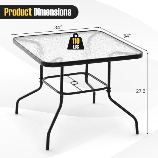 34 Inch Outdoor Dining Table Square Tempered Glass Table with 1.5 Inch Umbrella Hole-Black LuxuryLifeWay Online Store