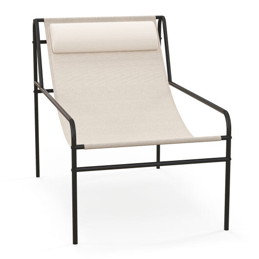 Patio Sling Lounge Chair with Removable Headrest Pillow and Metal Frame-Beige LuxuryLifeWay Online Store