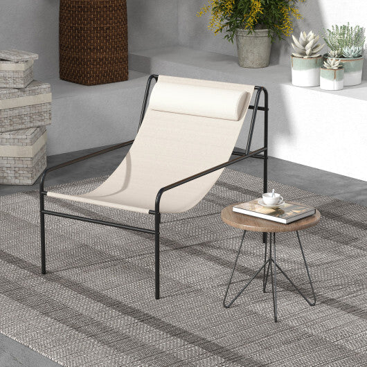 Patio Sling Lounge Chair with Removable Headrest Pillow and Metal Frame-Beige LuxuryLifeWay Online Store