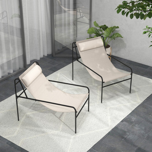 Patio Sling Lounge Chair with Removable Headrest Pillow and Metal Frame-Beige LuxuryLifeWay Online Store