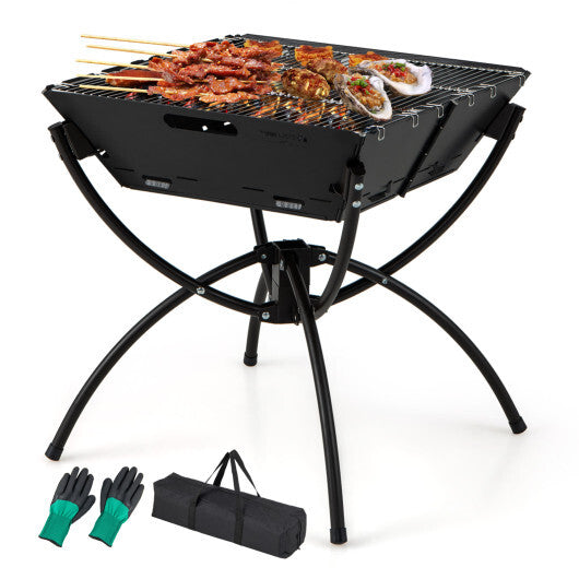 3-in-1 Camping Campfire Grill with Stainless Steel Grills Carrying Bag & Gloves-Silver