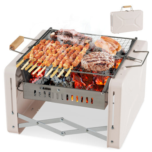 Folding Charcoal BBQ Grill with Dishwasher-safe Grill Grids and Charcoal Box-Beige LuxuryLifeWay Online Store