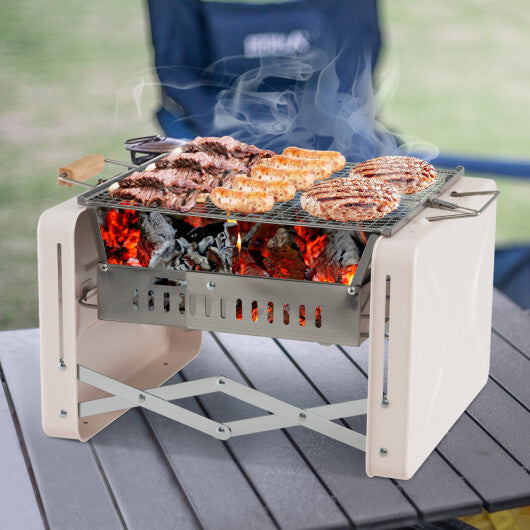 Folding Charcoal BBQ Grill with Dishwasher-safe Grill Grids and Charcoal Box-Beige LuxuryLifeWay Online Store