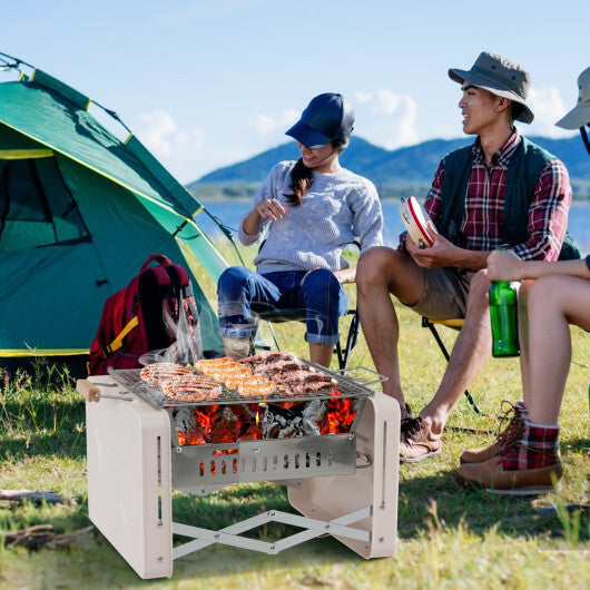 Folding Charcoal BBQ Grill with Dishwasher-safe Grill Grids and Charcoal Box-Beige LuxuryLifeWay Online Store