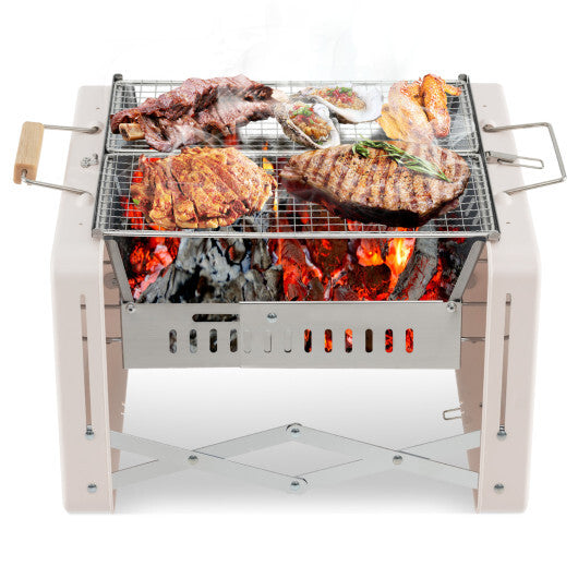 Folding Charcoal BBQ Grill with Dishwasher-safe Grill Grids and Charcoal Box-Beige LuxuryLifeWay Online Store