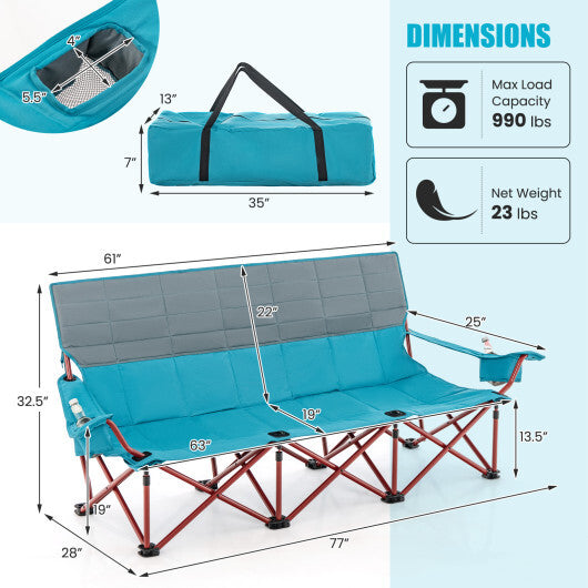 3 Person Folding Camping Chair with 2 Cup Holders Cotton Padding & Storage Bag-Blue - Color: Blue LuxuryLifeWay Online Store