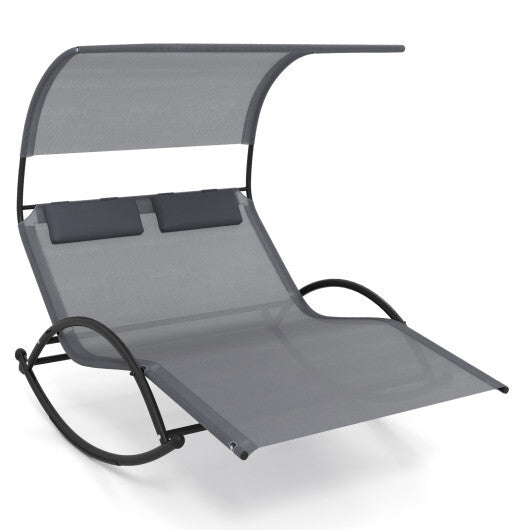 Outdoor Dual Rocker Sunbed 2-Person Canopied Patio Lounger with Detachable Headrests-Gray LuxuryLifeWay Online Store