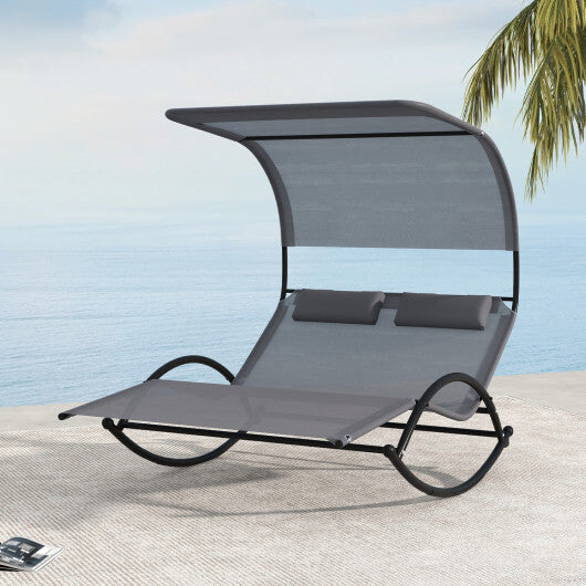 Outdoor Dual Rocker Sunbed 2-Person Canopied Patio Lounger with Detachable Headrests-Gray LuxuryLifeWay Online Store