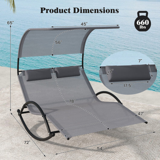 Outdoor Dual Rocker Sunbed 2-Person Canopied Patio Lounger with Detachable Headrests-Gray LuxuryLifeWay Online Store