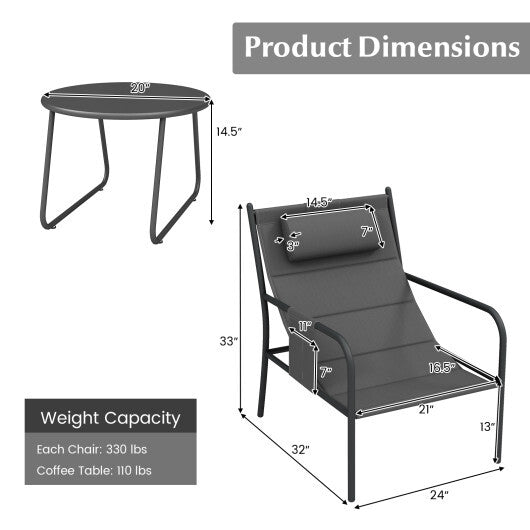 3 Piece Outdoor Bistro Set Patio Metal Chair and Coffee Table Set-Gray LuxuryLifeWay Online Store