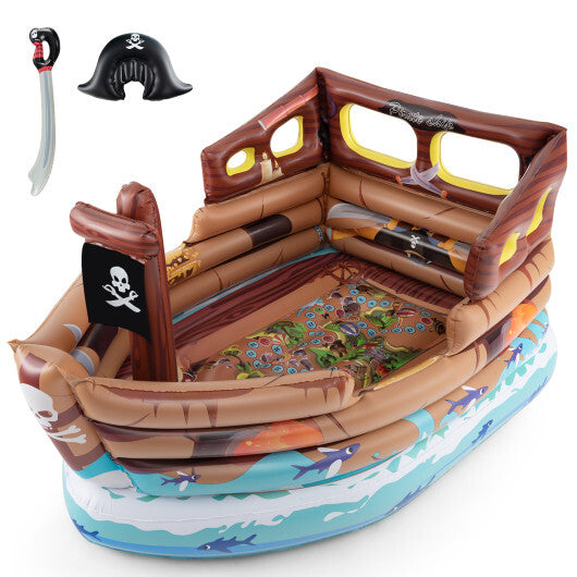 Inflatable Pirate Ship Playhouse with Built-in Motor and Inflatable Toy Sword-Brown LuxuryLifeWay Online Store