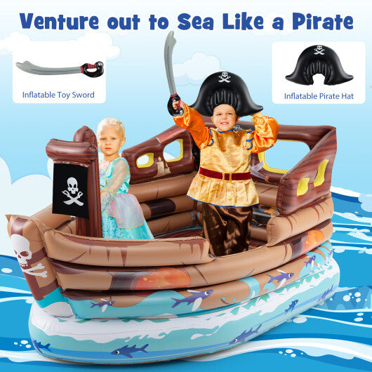Inflatable Pirate Ship Playhouse with Built-in Motor and Inflatable Toy Sword-Brown LuxuryLifeWay Online Store