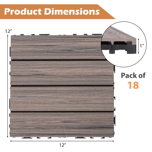 18 Pieces 12 x 12 Inch Interlocking Deck Tiles for 1.7m Total Splicing Area-Brown