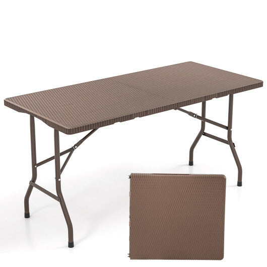 5FT Folding Picnic Table with Rattan Grain HDPE Tabletop and Sturdy Metal Fame-Coffee LuxuryLifeWay Online Store